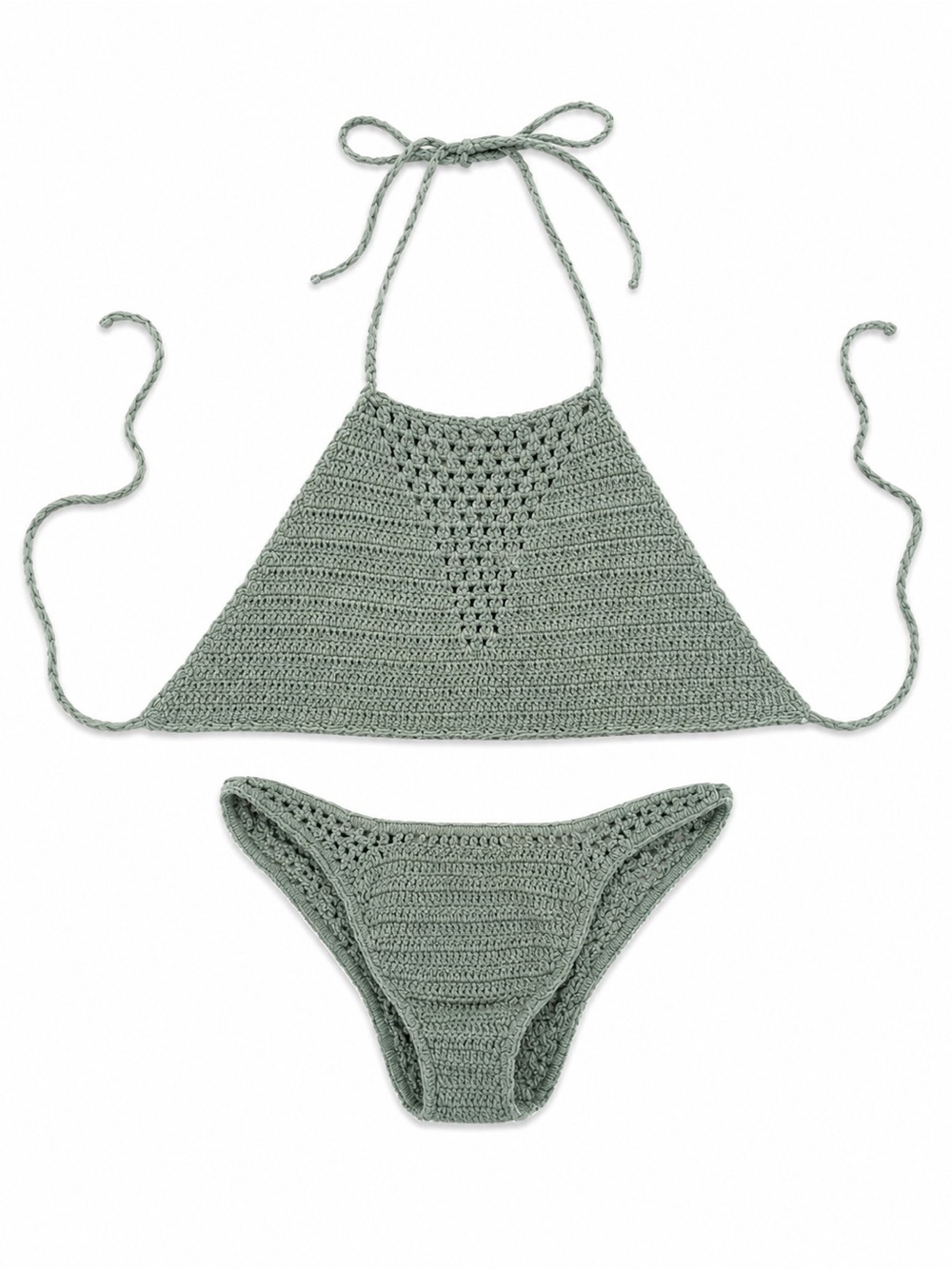 Boho Crochet Knit Halter Bikini Set – Sage Green – Size Small/XS